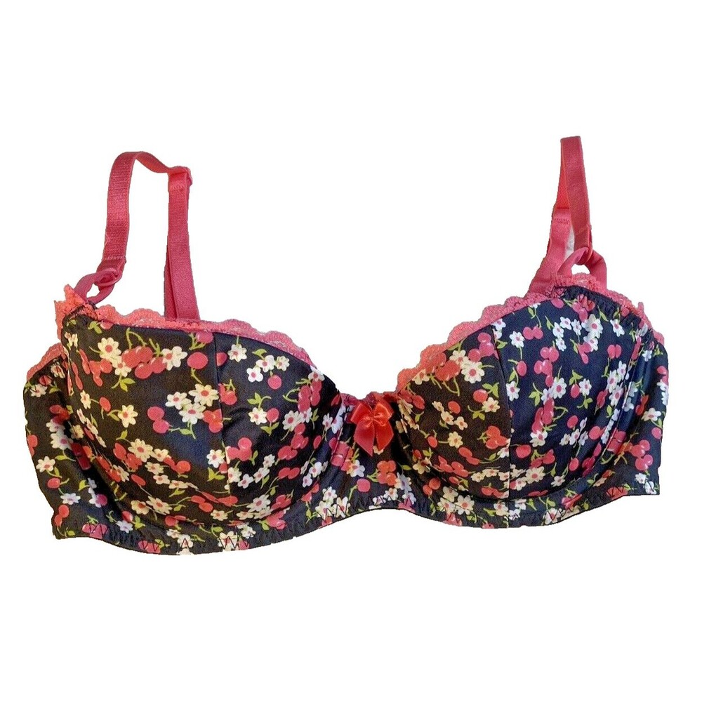 Victoria's Secret Cherry Blossom Floral Y2K Balconette Bra Black /Pink -Size 34B